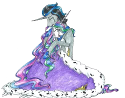 Size: 2551x1998 | Tagged: safe, artist:fountainstranger, derpibooru import, idw, king sombra, princess celestia, cape, celestibra, clothes, crown, crying, female, good king sombra, hug, image, jewelry, male, missing accessory, png, regalia, shipping, simple background, straight, transparent background, typo in the description