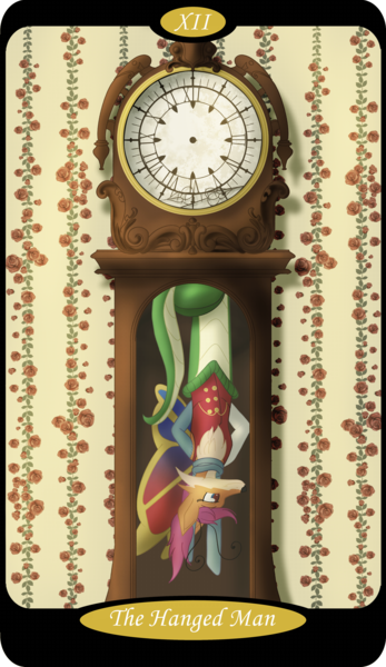 Size: 1500x2591 | Tagged: safe, artist:sixes&sevens, derpibooru import, part of a set, oc, oc:paradox, draconequus, arm behind back, butterfly wings, clothes, draconequus oc, grandfather clock, hanging, hanging upside down, image, major arcana, png, scarf, tarot card, the hanged man, upside down, wings