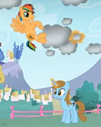 Size: 1000x1250 | Tagged: safe, artist:rxndxm.artist, derpibooru import, oc, unofficial characters only, pegasus, pony, unicorn, building, duo, female, flying, glowing horn, horn, image, jpeg, magic, male, mare, outdoors, pegasus oc, stallion, telekinesis, unicorn oc, wings