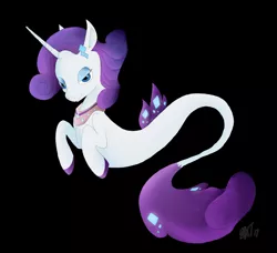 Size: 1854x1693 | Tagged: safe, artist:batdanza, derpibooru import, rarity, pony, seapony (g4), unicorn, black background, blue eyes, colored pupils, diamond, dorsal fin, female, fins, fish tail, flowing mane, flowing tail, horn, image, jewelry, jpeg, lidded eyes, looking at you, necklace, seaponified, seapony rarity, signature, simple background, smiling, smiling at you, solo, species swap, tail