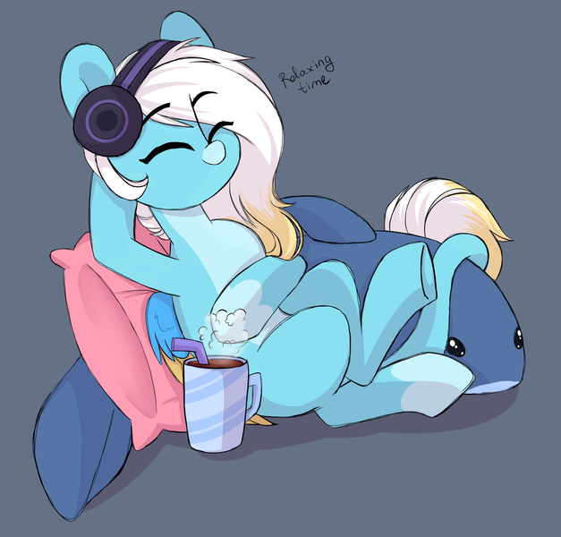 Size: 3524x3374 | Tagged: safe, artist:cloud-fly, derpibooru import, oc, unofficial characters only, pegasus, pony, shark, blåhaj, chocolate, eyes closed, food, headphones, hooves behind head, hot chocolate, image, listening to music, markings, pale belly, pillow, png, relaxing, shark plushie, sitting, snip (coat marking), solo, two toned mane, two toned wings, wings