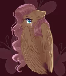 Size: 1280x1469 | Tagged: safe, artist:justkattyo, derpibooru import, fluttershy, pegasus, pony, bust, crying, cutie mark background, ear fluff, female, floppy ears, image, looking at you, looking back, looking back at you, mare, png, portrait, profile, rear view, sad, solo, sparkling mane, teary eyes, wings