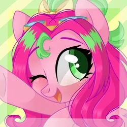 Size: 2048x2048 | Tagged: safe, artist:cinnamontee, derpibooru import, oc, oc:precious metal, pony, blushing, bust, female, image, mare, not pinkie pie, one eye closed, open mouth, png, portrait, solo, wink