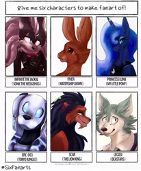 Size: 842x1024 | Tagged: safe, artist:terorain, derpibooru import, princess luna, alicorn, anthro, big cat, dog, jackal, lion, pony, rabbit, robot, wolf, six fanarts, animal, anthro with ponies, bust, clothes, crossover, female, fiver, image, infinite (character), jpeg, legosi (beastars), male, mare, peytral, scar (the lion king), smiling, sonic the hedgehog (series), tokyo jungle, watership down
