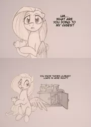 Size: 863x1200 | Tagged: safe, anonymous artist, derpibooru import, fluttershy, pegasus, pony, bait and switch, bong, comic, dialogue, drawthread, drugs, image, monochrome, png, solo, talking to viewer