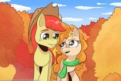 Size: 2000x1341 | Tagged: safe, artist:saturdaymorningproj, derpibooru import, bright mac, pear butter, autumn, clothes, cloud, cowboy hat, flower, flower in hair, hat, image, open mouth, png, scarf, sky, tree, walking