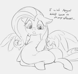 Size: 602x578 | Tagged: safe, artist:dotkwa, derpibooru import, fluttershy, pegasus, pony, belly, belly button, big belly, dialogue, fat, fattershy, female, image, mare, monochrome, open mouth, png, simple background, sitting, solo, white background, wings