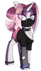 Size: 1604x2740 | Tagged: safe, alternate version, artist:lockheart, derpibooru import, oc, oc:claire, unofficial characters only, pony, unicorn, blue eyes, chest fluff, choker, clothes, ear piercing, eyebrow piercing, eyeshadow, face mask, female, fishnet clothing, gym shorts, image, leg band, lidded eyes, looking at you, makeup, mare, mask, pastel goth, piercing, png, shirt, shorts, side slit, simple background, solo, spiked choker, tomboy, white background, wristband