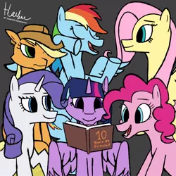 Size: 1080x1080 | Tagged: safe, artist:haekal20, derpibooru import, applejack, fluttershy, pinkie pie, rainbow dash, rarity, twilight sparkle, alicorn, earth pony, pegasus, pony, unicorn, 10, book, chatting, group, happy birthday mlp:fim, image, jpeg, mane six, memories, mlp fim's tenth anniversary, reading, together