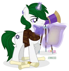 Size: 1167x1200 | Tagged: safe, artist:jennieoo, derpibooru import, oc, oc:zenith night, pony, unicorn, image, male, piercing, png, scroll, show accurate, simple background, solo, stallion, telescope, thinking, transparent background, vector