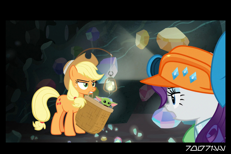 Size: 1288x858 | Tagged: safe, derpibooru import, edit, edited screencap, editor:teren rogriss, screencap, applejack, rarity, earth pony, pony, unicorn, dragon dropped, baby yoda, cave, grogu, hard hat, image, jpeg, star wars, the mandalorian