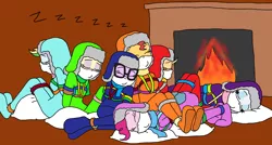 Size: 2304x1239 | Tagged: safe, artist:bugssonicx, derpibooru import, applejack, fluttershy, pinkie pie, rainbow dash, rarity, sci-twi, sunset shimmer, twilight sparkle, equestria girls, bondage, cloth gag, clothes, eyes closed, fireplace, footed sleeper, footie pajamas, gag, humane five, humane seven, humane six, image, onesie, onomatopoeia, otn gag, over the nose gag, pajamas, png, sleeping, sound effects, tied up, winter outfit, zzz