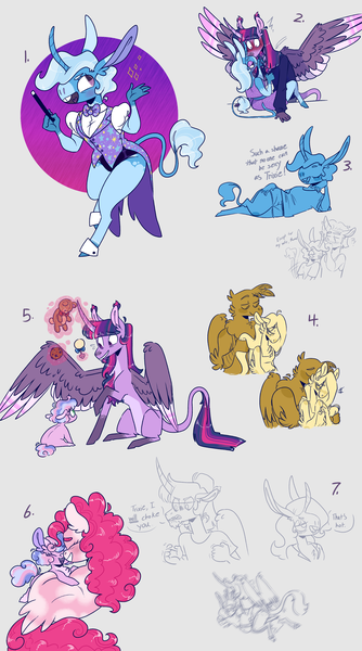 Size: 2048x3680 | Tagged: safe, artist:doodlebetch, derpibooru import, fluttershy, gilda, moondancer, pinkie pie, trixie, twilight sparkle, oc, anthro, female, gildashy, headcanon in the description, image, lesbian, png, shipping, twixie