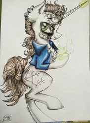 Size: 744x1024 | Tagged: safe, artist:maryhoovesfield, derpibooru import, oc, unofficial characters only, pony, unicorn, bipedal, chest fluff, clothes, glowing hooves, horn, image, jpeg, signature, smiling, solo, traditional art, unicorn oc