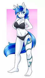 Size: 526x909 | Tagged: suggestive, artist:ambris, derpibooru import, oc, oc:mind, anthro, plantigrade anthro, unicorn, arm behind back, black underwear, bra, breasts, clothes, commission, female, frilly underwear, image, looking at you, makeup, panties, png, ribbon, solo, tattoo, underwear