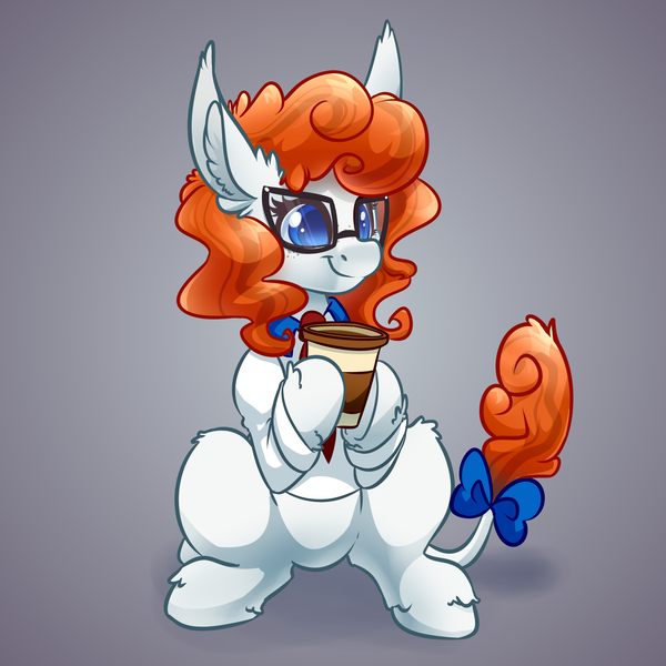 Size: 4000x4000 | Tagged: safe, artist:witchtaunter, derpibooru import, oc, oc:steamy swirl, hybrid, mule, bow, coffee, coffee cup, cup, glasses, image, mule oc, png, sitting, smiling, solo