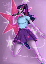 Size: 2893x3996 | Tagged: safe, artist:bidzinha, derpibooru import, sci-twi, twilight sparkle, equestria girls, clothes, image, jpeg, microphone, open mouth, shoes, singing, skirt, solo, teeth