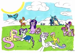 Size: 1920x1368 | Tagged: safe, artist:killerteddybear94, derpibooru import, applejack, fluttershy, li'l cheese, luster dawn, pinkie pie, princess cadance, princess celestia, princess flurry heart, princess luna, rainbow dash, rarity, starlight glimmer, trixie, twilight sparkle, twilight sparkle (alicorn), alicorn, earth pony, pegasus, pony, unicorn, the last problem, book, cloud, cute, granny smith's shawl, happy birthday mlp:fim, image, jpeg, mlp fim's tenth anniversary, older, older applejack, older flurry heart, older fluttershy, older pinkie pie, older princess cadance, older princess celestia, older princess luna, older rainbow dash, older rarity, older starlight glimmer, older trixie, older twilight, open mouth, reading, skunk stripe, smiling, sun, teacher and student, tongue out, traditional art