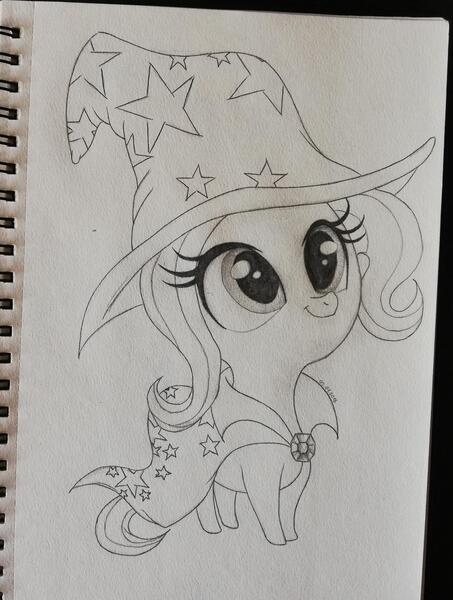 Size: 1280x1695 | Tagged: safe, artist:arnaskela, derpibooru import, trixie, pony, unicorn, cape, chibi, clothes, cute, diatrixes, female, hat, image, jpeg, mare, sketch, solo, traditional art, trixie's cape, trixie's hat