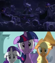 Size: 729x840 | Tagged: safe, derpibooru import, edit, edited screencap, screencap, applejack, rarity, twilight sparkle, earth pony, pony, unicorn, a canterlot wedding, clash of hasbro's titans, comparison, decepticon, floppy ears, image, megatron, png, reflector, shocked, transfomers: war for cybertron: siege, transformers, transformers netflix, unicorn twilight