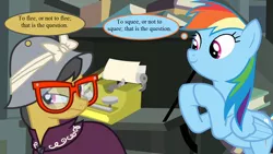 Size: 1280x720 | Tagged: safe, derpibooru import, edit, edited screencap, screencap, daring do, rainbow dash, daring don't, book, clothes, dress, escii keyboard, glasses, hamlet, hat, image, paper, png, pun, shakespeare, thought bubble, typewriter