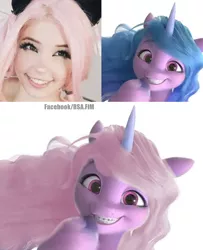 Size: 1250x1536 | Tagged: safe, artist:rsa.fim, derpibooru import, edit, izzy moonbow, human, pony, unicorn, belle delphine, braces, cursed image, g5, image, irl, irl human, jpeg, photo, wat