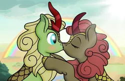Size: 830x540 | Tagged: safe, artist:ah96, derpibooru import, forest fall, maple brown, kirin, blushing, female, image, kissing, male, png, shipping, straight