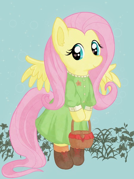 Size: 1200x1600 | Tagged: safe, artist:podiponi, derpibooru import, fluttershy, pegasus, pony, basket, bipedal, boots, clothes, cute, daaaaaaaaaaaw, dress, female, heart eyes, hoof hold, image, looking at you, mare, plants, png, shoes, shyabetes, smiling, solo, spread wings, three quarter view, wingding eyes, wings