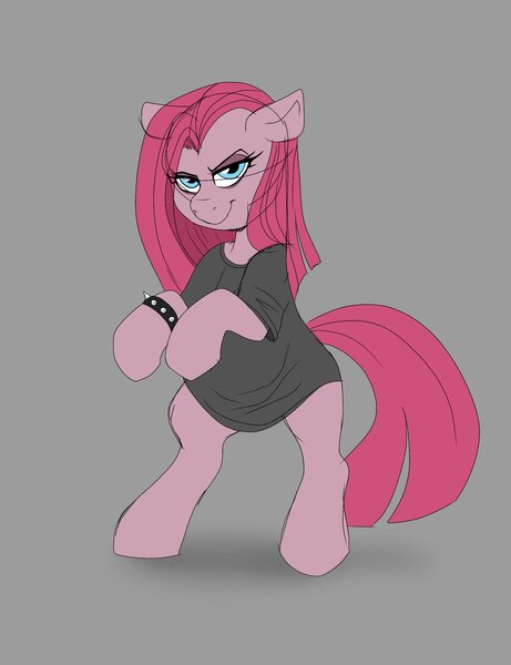 Size: 1575x2048 | Tagged: safe, artist:littlebibbo, derpibooru import, pinkie pie, earth pony, pony, bipedal, bracelet, clothes, female, floppy ears, gray background, grin, image, jewelry, jpeg, looking at you, mare, oversized clothes, oversized shirt, pinkamena diane pie, shirt, simple background, smiling, solo