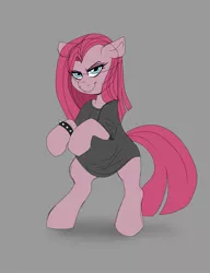 Size: 1575x2048 | Tagged: safe, artist:littlebibbo, derpibooru import, pinkie pie, earth pony, pony, bipedal, bracelet, clothes, female, floppy ears, gray background, grin, image, jewelry, jpeg, looking at you, mare, oversized clothes, oversized shirt, pinkamena diane pie, shirt, simple background, smiling, solo