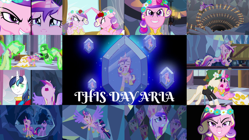 Size: 1978x1113 | Tagged: safe, derpibooru import, edit, edited screencap, editor:quoterific, screencap, princess cadance, queen chrysalis, shining armor, twilight sparkle, alicorn, pony, unicorn, a canterlot wedding, cart, clone, clothes, crying, disguise, disguised changeling, dress, duo, duo female, evil, eyes closed, fake cadance, female, flying, glowing horn, gritted teeth, horn, image, magic, magic aura, male, nose in the air, open mouth, png, running, singing, solo, song, teeth, this day aria, unicorn twilight, wedding dress