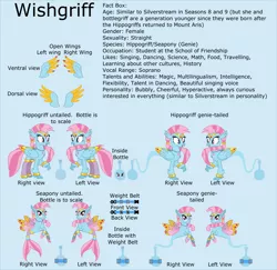 Size: 7805x7581 | Tagged: safe, artist:ethanjacobsyrosca, derpibooru import, oc, oc:wishgriff, unofficial characters only, classical hippogriff, genie, genie pony, hippogriff, seapony (g4), absurd resolution, belt, blue background, bottle, bracelet, circlet, clothes, female, image, jewelry, leggings, png, recolor, reference sheet, simple background, smiling, solo, twitterponies, vector, wing jewelry