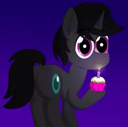 Size: 6616x6600 | Tagged: safe, artist:agkandphotomaker2000, derpibooru import, oc, oc:endy, pony, unicorn, birthday, birthday art, butt, candle, cupcake, food, image, looking at you, png, simple background, solo