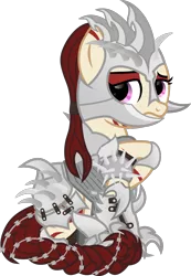 Size: 830x1199 | Tagged: safe, alternate version, artist:lincolnbrewsterfan, derpibooru import, oc, oc:rampage, unofficial characters only, earth pony, pony, fallout equestria, fallout equestria: project horizons, .svg available, armor, armored pony, derpibooru exclusive, fanfic art, image, png, prone, sad, shoulder touch, simple background, sitting, solo, transparent background, vector, zebra stripes