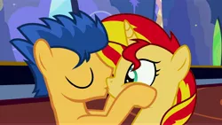 Size: 9000x5063 | Tagged: safe, artist:jadethepegasus, derpibooru import, flash sentry, sunset shimmer, female, flashimmer, image, jpeg, kissing, male, shipping, straight