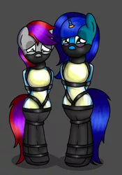 Size: 1400x2000 | Tagged: suggestive, artist:deadwire765, derpibooru import, oc, oc:amberlue, oc:amy bolt, unofficial characters only, earth pony, semi-anthro, unicorn, arm behind back, armbinder, bipedal, blushing, bondage, clothes, collar, embarrassed, gag, harness, hooves behind back, horn, horn ring, image, jewelry, latex, latex suit, legbinder, magic suppression, muzzle gag, png, ring, surprised, tack, uniform, wonderbolts uniform