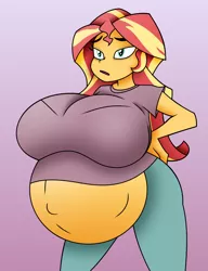 Size: 804x1046 | Tagged: suggestive, artist:funble, artist:pacificside18, derpibooru import, sunset shimmer, equestria girls, bags under eyes, belly, belly button, big belly, big breasts, breasts, busty sunset shimmer, clothes, female, huge belly, huge breasts, hyper, hyper belly, hyper pregnancy, image, impossibly large belly, impossibly large breasts, kicking, outie belly button, pants, png, pregnant, pregnant equestria girls, shirt, solo, solo female, sunset preggers, t-shirt, tired