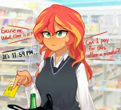 Size: 2578x2341 | Tagged: safe, alternate version, artist:maren, derpibooru import, sunset shimmer, equestria girls, alcohol, bag, blushing, booze, breasts, busty sunset shimmer, clothes, female, high school, id, image, jpeg, korean, moon runes, necktie, school uniform, shirt, shop, solo, sweat, sweatdrop, vest