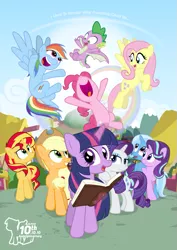 Size: 595x842 | Tagged: safe, artist:dm29, derpibooru import, applejack, fluttershy, pinkie pie, rainbow dash, rarity, spike, starlight glimmer, sunset shimmer, trixie, twilight sparkle, alicorn, dragon, earth pony, pegasus, pony, unicorn, equestria girls, anniversary, book, cute, dashabetes, diapinkes, diatrixes, glimmerbetes, happy birthday mlp:fim, image, jackabetes, magic, mane seven, mane six, mlp fim's tenth anniversary, nose in the air, open mouth, png, ponyville, rainbow, raribetes, shimmerbetes, shyabetes, spikabetes, telekinesis, twiabetes, uvula, volumetric mouth, winged spike