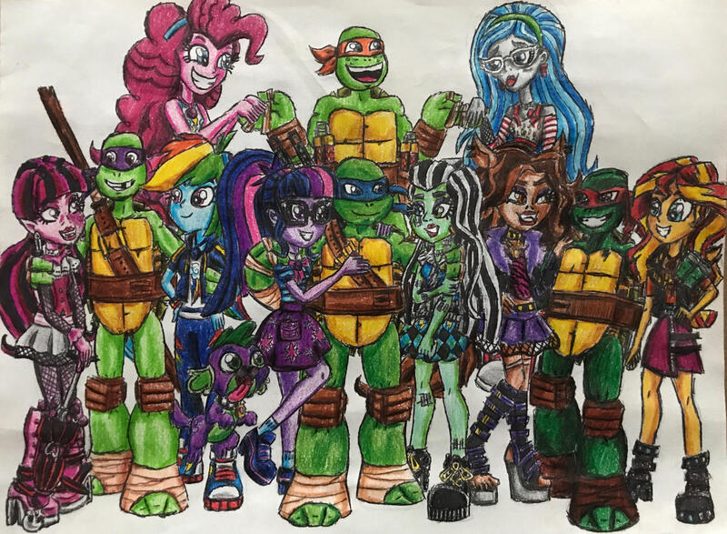 Size: 2859x2098 | Tagged: safe, artist:bozzerkazooers, derpibooru import, pinkie pie, rainbow dash, sci-twi, spike, spike the regular dog, sunset shimmer, twilight sparkle, dog, turtle, undead, vampire, werewolf, zombie, equestria girls, bolts, clawdeen wolf, crossover, cute, cute little fangs, donatello, draculaura, fangs, frankenstein, frankie stein, geode of empathy, geode of sugar bombs, geode of super speed, geode of telekinesis, ghoulia yelps, image, jpeg, leonardo, magical geodes, mattel, michelangelo, monster, monster high, nickelodeon, raphael, teenage mutant ninja turtles