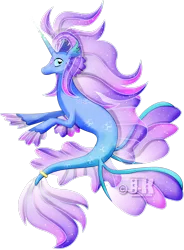 Size: 2103x2852 | Tagged: safe, artist:jotakaanimation, derpibooru import, oc, hippocampus, hybrid, merpony, seapony (g4), blue eyes, clothes, dorsal fin, fins, fin wings, fish tail, flowing mane, flowing tail, gem, glow, glowing horn, horn, image, logo, long horn, png, see-through, simple background, smiling, solo, sparkles, tail, transparent background, vector, wings