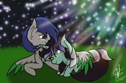 Size: 816x540 | Tagged: safe, artist:aquabright0219, derpibooru import, oc, oc:aqua bright, unofficial characters only, pegasus, pony, unicorn, ear fluff, female, horn, hug, image, jewelry, male, mare, necklace, night, one eye closed, outdoors, pegasus oc, png, signature, smiling, stallion, stars, two toned wings, unicorn oc, winghug, wings, wink