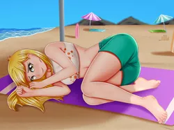 Size: 1280x960 | Tagged: safe, alternate version, artist:focusb, derpibooru import, edit, editor:thomasfan45, derpy hooves, human, equestria girls, barefoot, beach, beach towel, bikini, breasts, busty derpy hooves, clothes, curled up, cute, derpabetes, feet, female, human coloration, image, jpeg, legs, looking at you, lying down, midriff, ocean, sand, sandals, sandcastle, sexy, solo, swimsuit, towel, umbrella, water