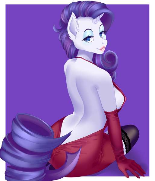 Size: 4133x4822 | Tagged: suggestive, artist:kordarin, derpibooru import, rarity, anthro, backbend, backless, backless dress, breasts, busty rarity, butt, clothes, dress, ear fluff, erect nipples, evening gloves, eyelashes, eyeliner, eyeshadow, frilly, gloves, heart eyes, image, jpeg, lace, lidded eyes, lips, lipstick, long gloves, looking at you, looking back, looking back at you, makeup, nipple outline, pinup, purple background, rearity, red dress, seductive, sideboob, simple background, sitting, smiling, smiling at you, socks, stockings, stupid sexy rarity, sultry pose, thigh highs, wingding eyes, zettai ryouiki