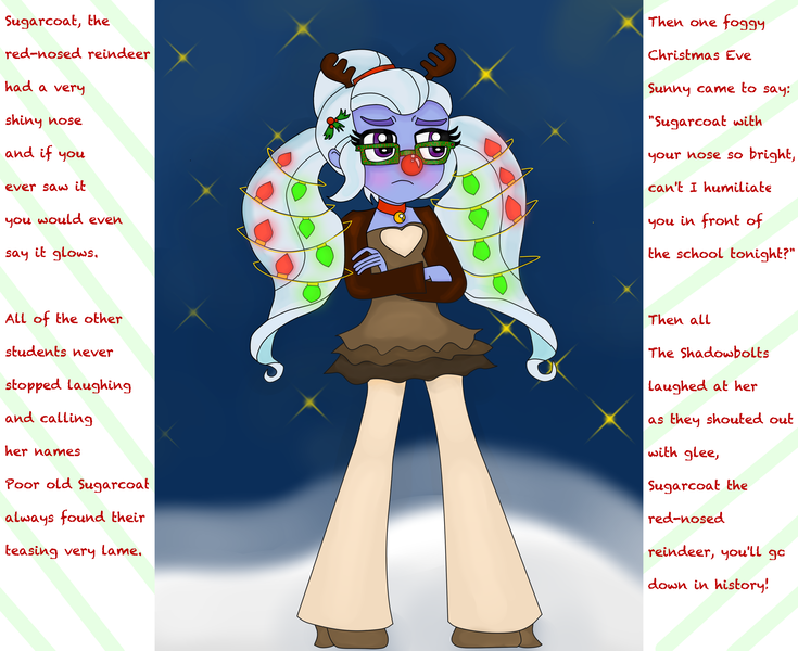 Size: 4000x3264 | Tagged: safe, artist:blazingdazzlingdusk, derpibooru import, sugarcoat, equestria girls, animal costume, antlers, blushing, christmas, christmas lights, clothes, costume, crossed arms, cute, holiday, image, png, reindeer costume, rudolph nose, rudolph the red nosed reindeer, solo, sugarcute, text, unamused