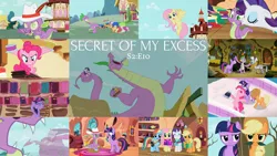 Size: 1958x1101 | Tagged: safe, derpibooru import, edit, edited screencap, editor:quoterific, screencap, apple bloom, applejack, fluttershy, pinkie pie, rainbow dash, rarity, scootaloo, spike, sweetie belle, twilight sparkle, zecora, dragon, earth pony, pegasus, pony, unicorn, zebra, secret of my excess, applejack's hat, bipedal, cowboy hat, cutie mark crusaders, eyes closed, female, filly, golden oaks library, hat, image, library, male, mane six, mare, nictitating membrane, nose in the air, open mouth, png, spikezilla, unicorn twilight, zecora's hut