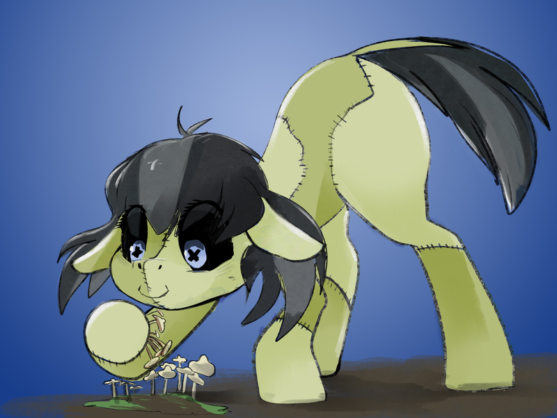 Size: 4744x3558 | Tagged: safe, artist:fiyawerks, derpibooru import, oc, oc:brittle bolete, earth pony, pony, undead, zombie, zombie pony, bent over, cute, drugs, earth pony oc, eating, image, jpeg, mushrooms, shrooms, simple background, smiling, solo, stitches, x eyes