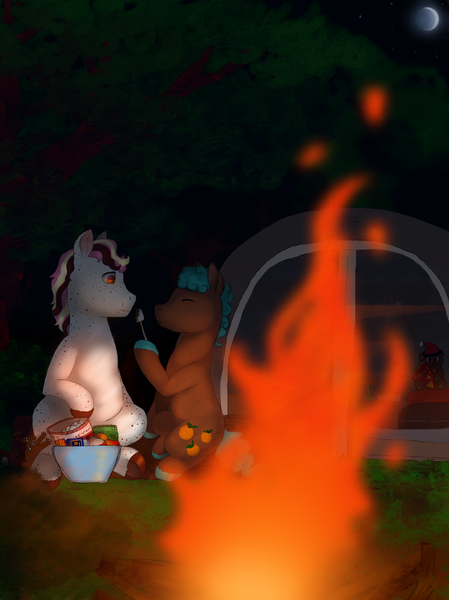 Size: 2320x3100 | Tagged: safe, artist:69beas, derpibooru import, oc, oc:oliver, oc:theo, earth pony, pony, squirrel, campfire, colored hooves, couple, digital art, fire, food, forest, image, male, marshmallow, night, png, shipping, snacks, stallion, tent, tree
