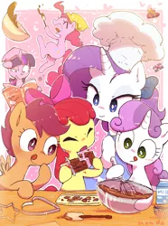 Size: 1192x1600 | Tagged: safe, artist:nendo, derpibooru import, apple bloom, pinkie pie, rarity, scootaloo, sweetie belle, twilight sparkle, earth pony, pegasus, pony, unicorn, adorabloom, baking, chef's hat, chocolate, clothes, cute, cutealoo, cutie mark crusaders, diapinkes, diasweetes, food, hat, holiday, image, licking, licking lips, open mouth, png, raribetes, tongue out, twiabetes, valentine's day