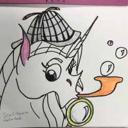 Size: 1080x1080 | Tagged: safe, artist:stargazerseven, derpibooru import, oc, pony, unicorn, bubble, bust, deerstalker, detective, hat, horn, image, jpeg, lineart, magnifying glass, pipe, signature, traditional art, unicorn oc